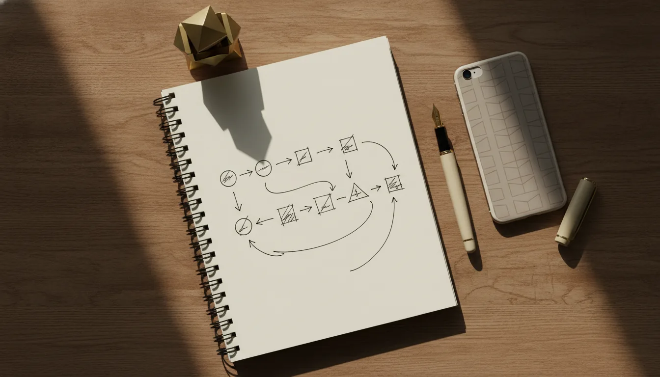 Vista cenital editorial de portátil con dashboard Notion sobre escritorio oscuro.