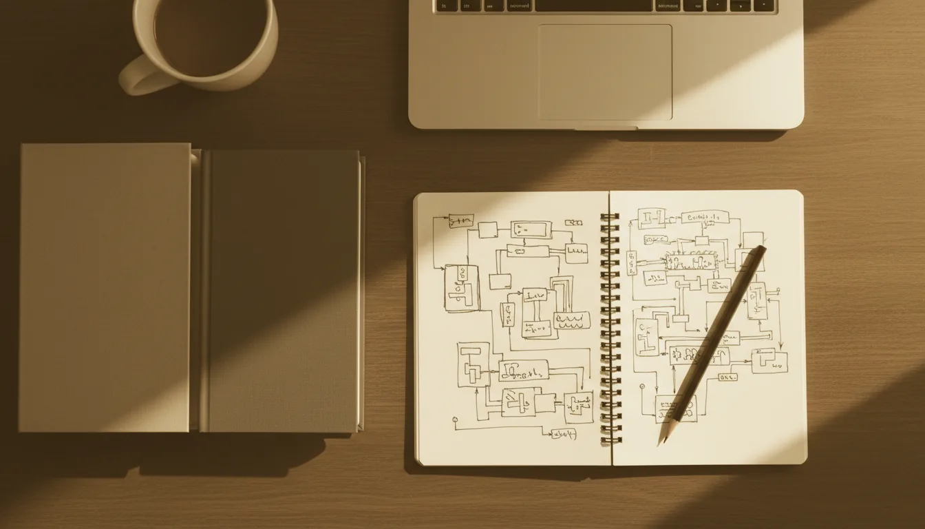 Vista cenital editorial de notas y libreta sobre escritorio oscuro.