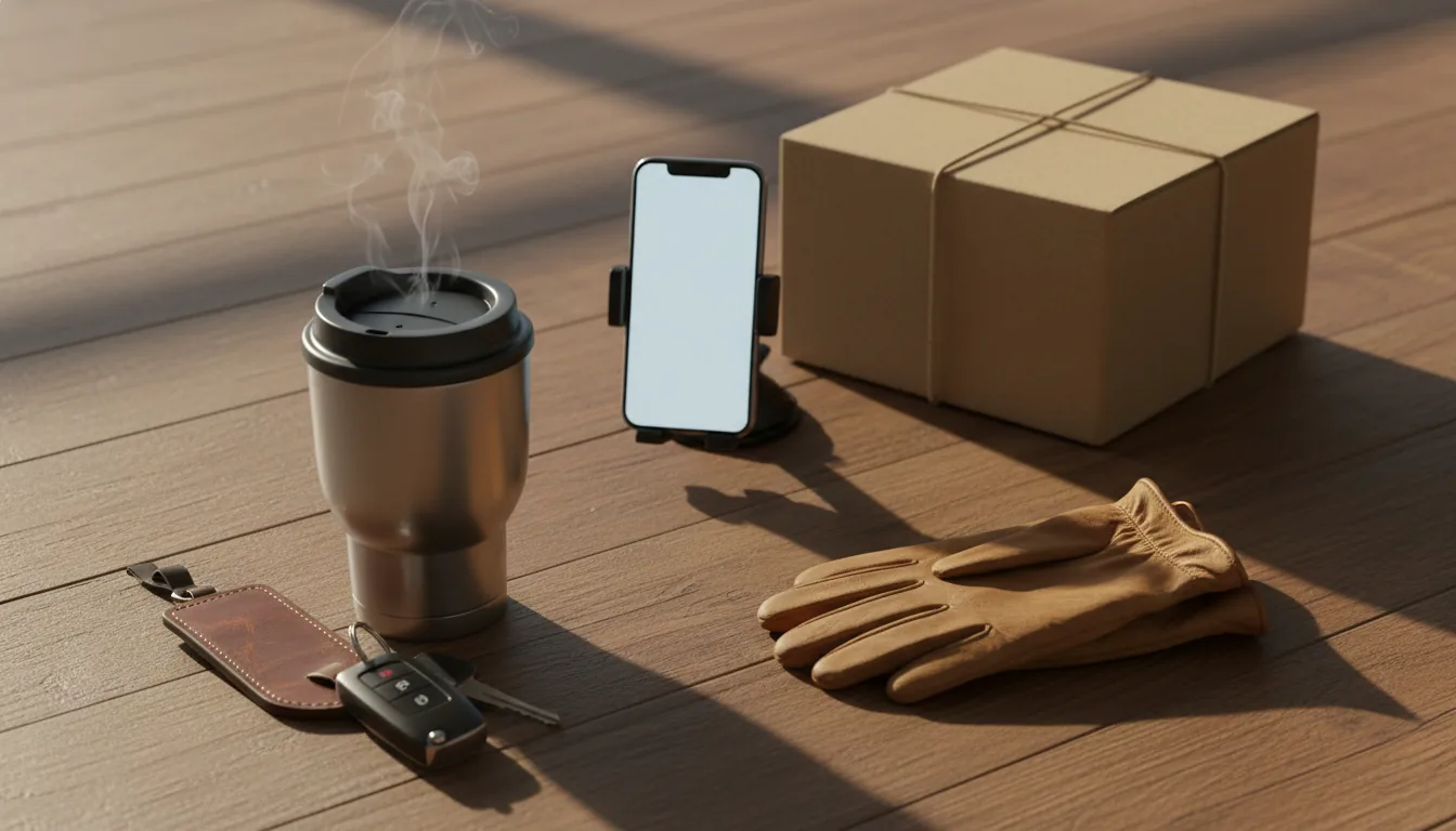 Imagen editorial cenital sobre escritorio oscuro de un smartphone con app de reparto, llaves de coche, libreta y monedas. Iluminación tenue azul, sin elementos personales identificables.