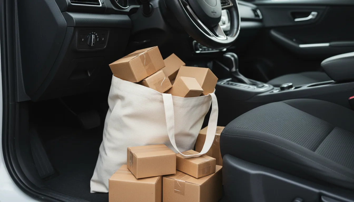 Vista editorial cenital sobre fondo oscuro de smartphone con app de reparto, mapa, rutas y monedas. Iluminación tenue azul.