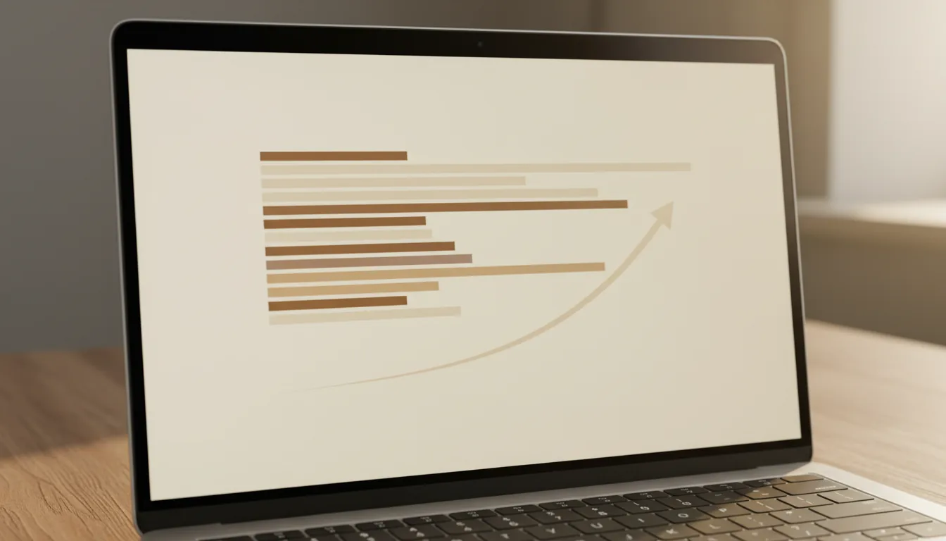 Laptop mostrando dashboard abstracto con un gráfico ascendente de tipos de interés sobre escritorio de madera