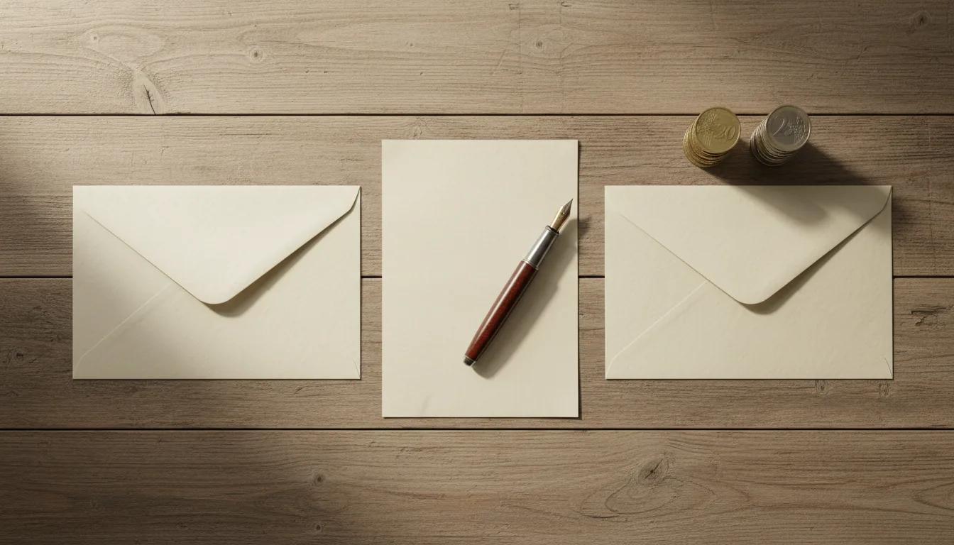 Comparativa visual de dos sobres con diferentes cantidades de monedas sobre escritorio