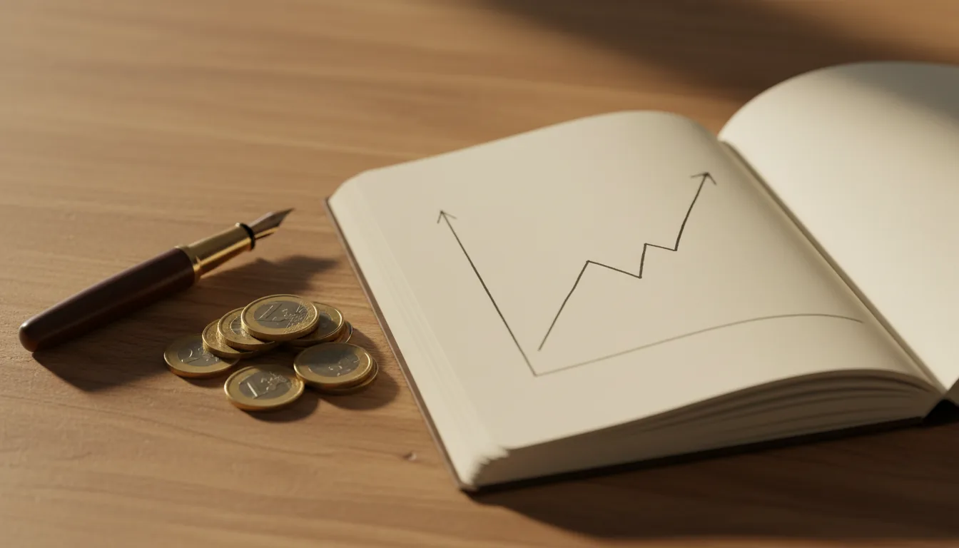 Notebook con gráfico ascendente dibujado a mano sobre escritorio