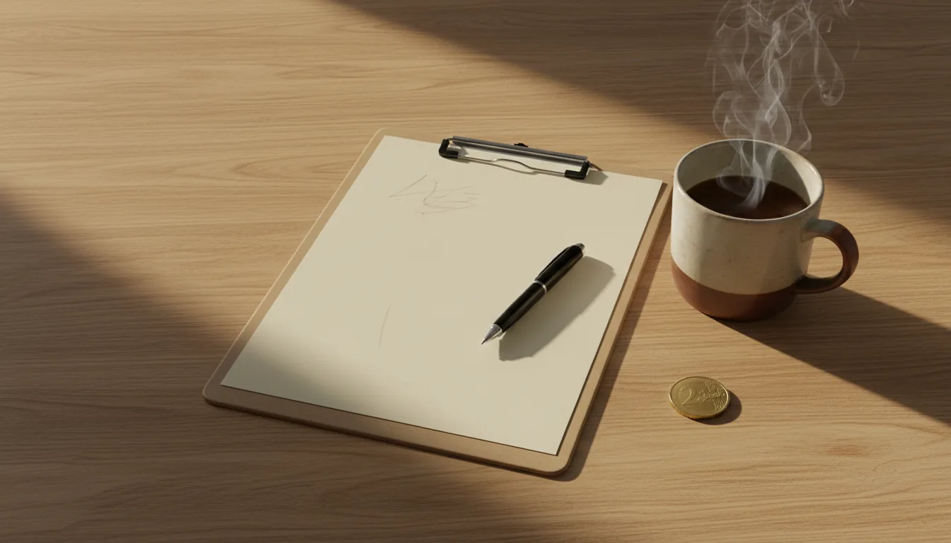 Vista cenital editorial de portátil con web abierta sobre escritorio oscuro.