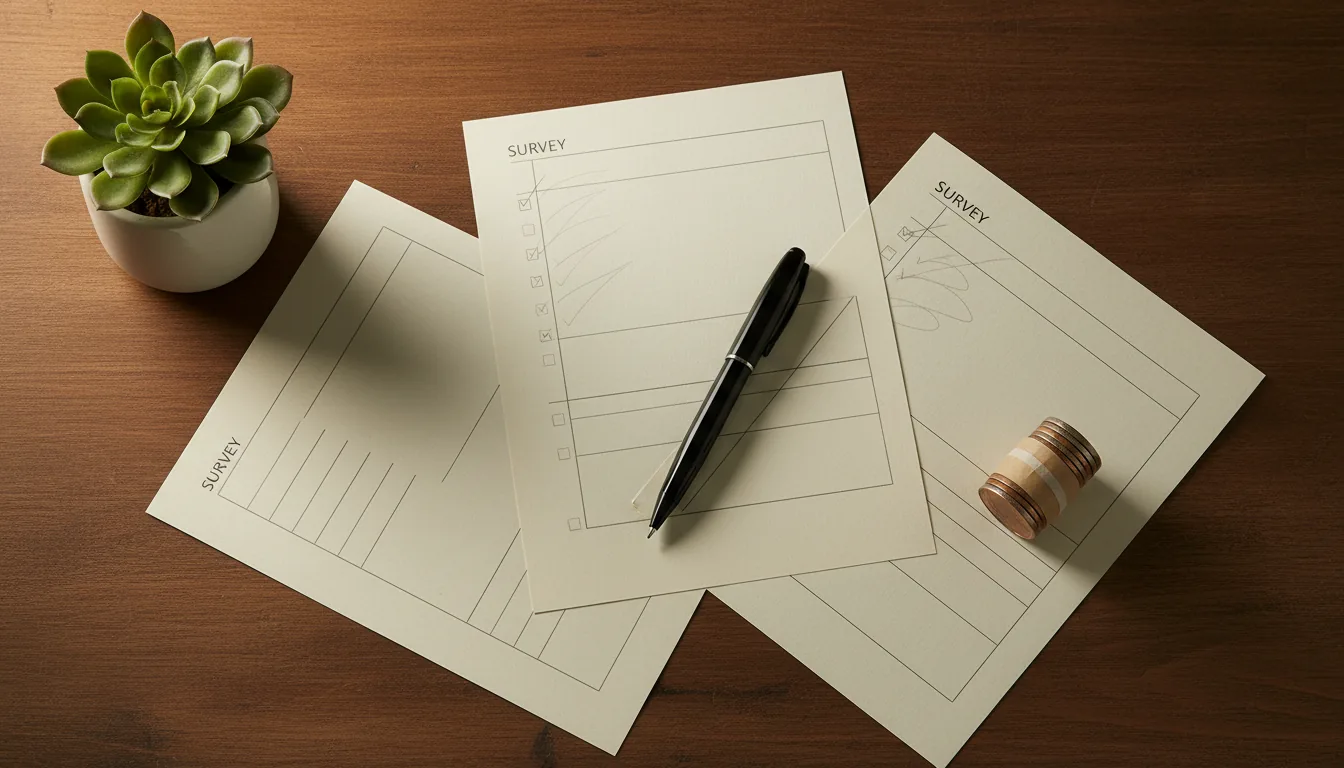 Smartphone con app de encuesta y libreta sobre escritorio oscuro.