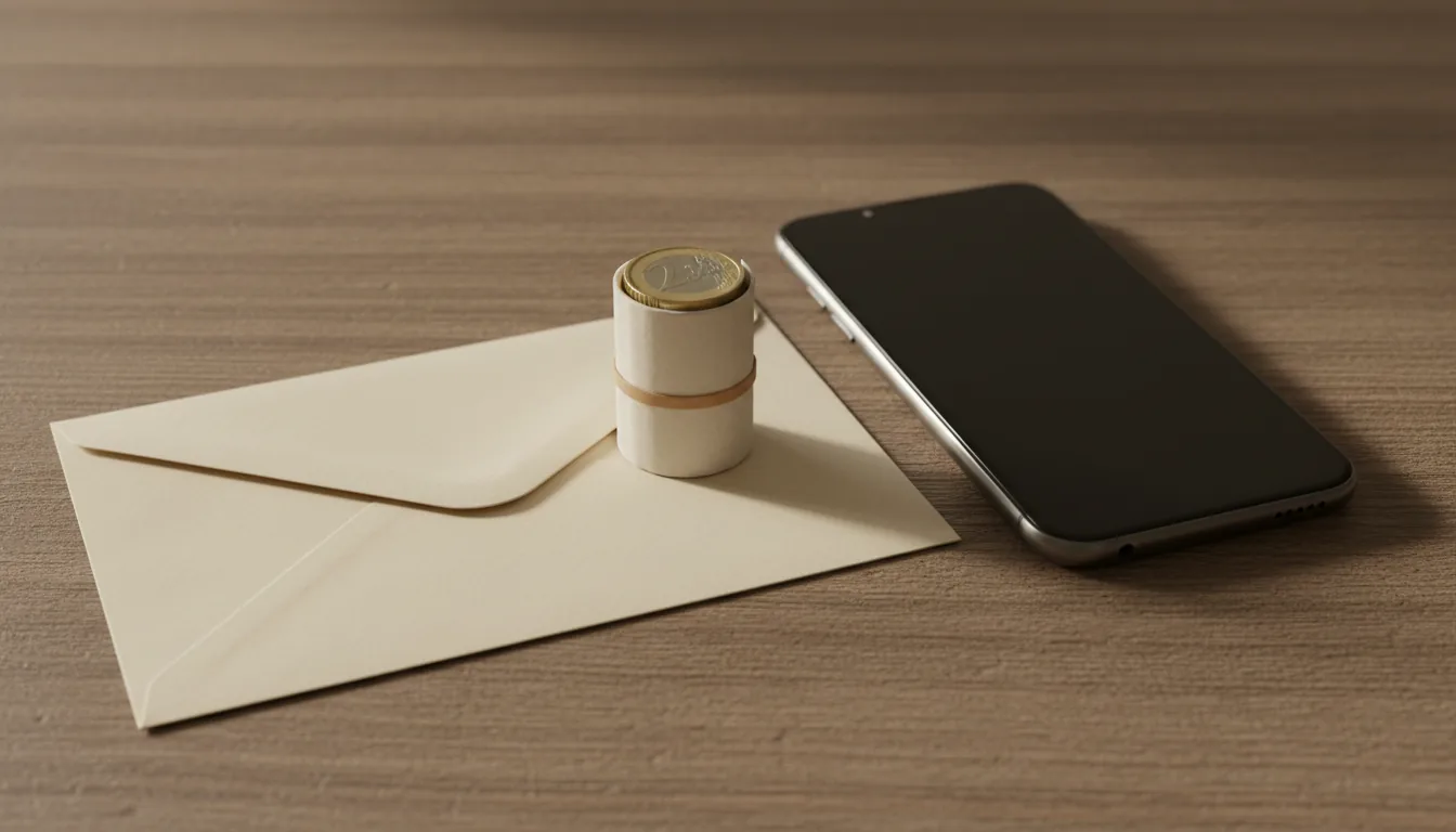 Calculadora y monedas sobre escritorio oscuro junto a libreta editorial.