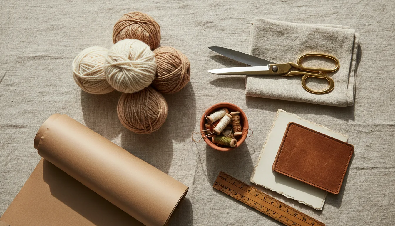 Vista cenital editorial de productos artesanales sobre escritorio oscuro.