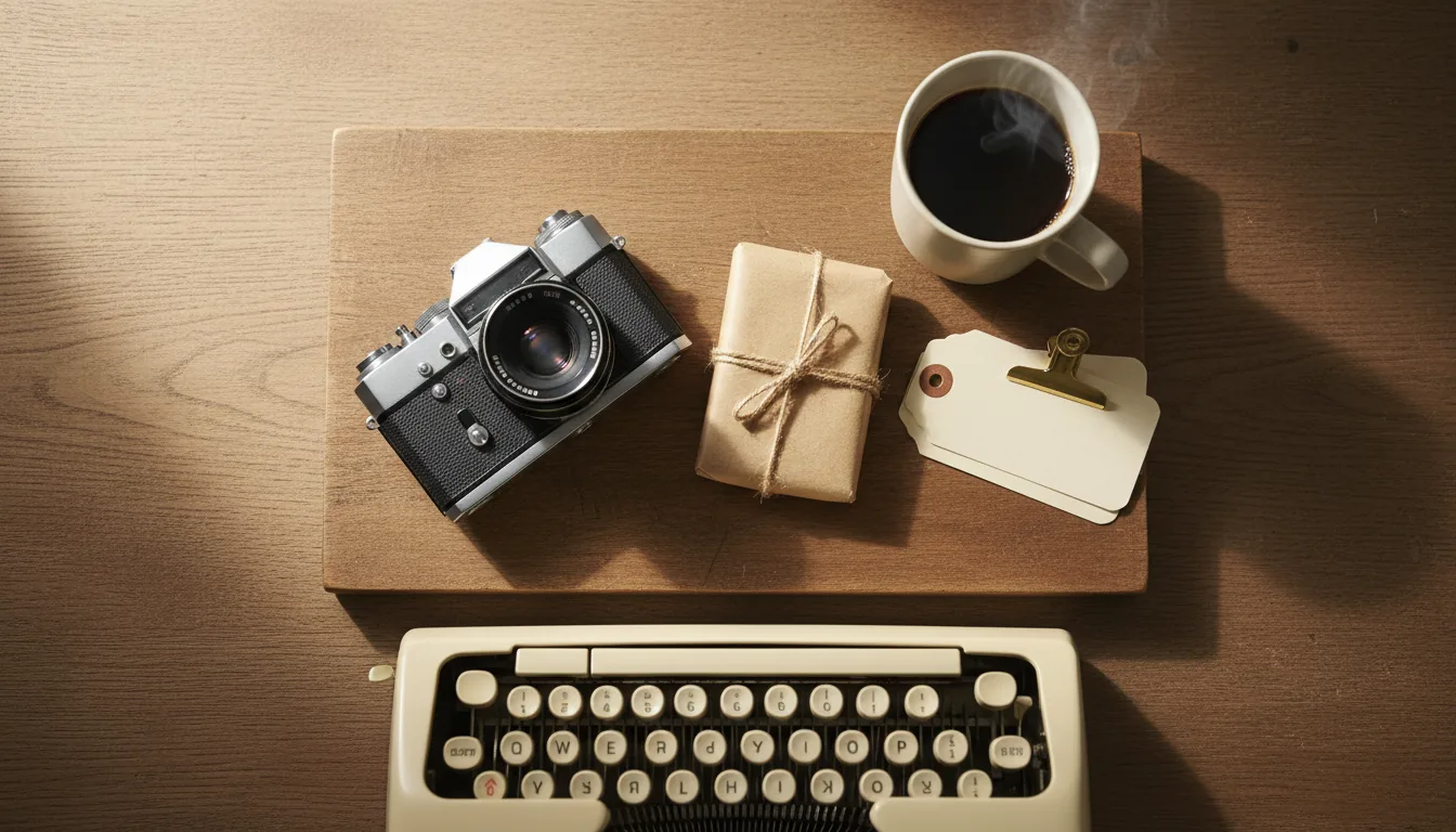 Productos artesanales españoles sobre escritorio oscuro, vista cenital.