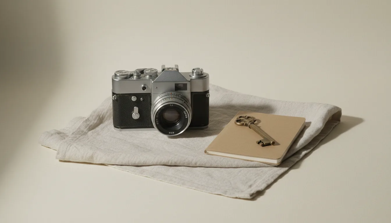 Bodegón cenital editorial sobre fondo oscuro con un smartphone, una libreta y monedas dispersas. Iluminación tenue. Foto profesional sin elementos personales.