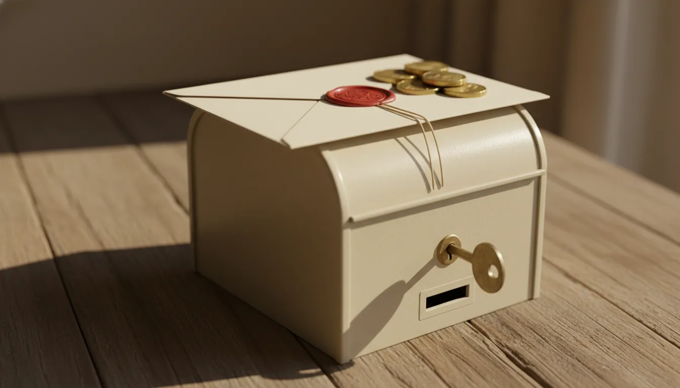 Hucha cerdito sobre escritorio oscuro con pequeñas plantas, vista cenital editorial. Composición simple sin personas, iluminación tenue.