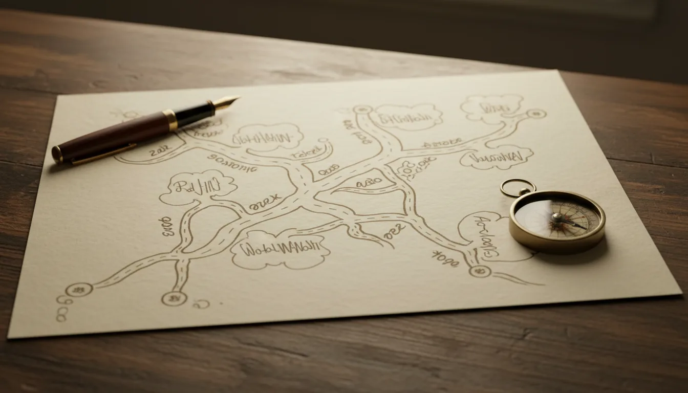 Vista cenital de calculadora y monedas sobre escritorio oscuro.