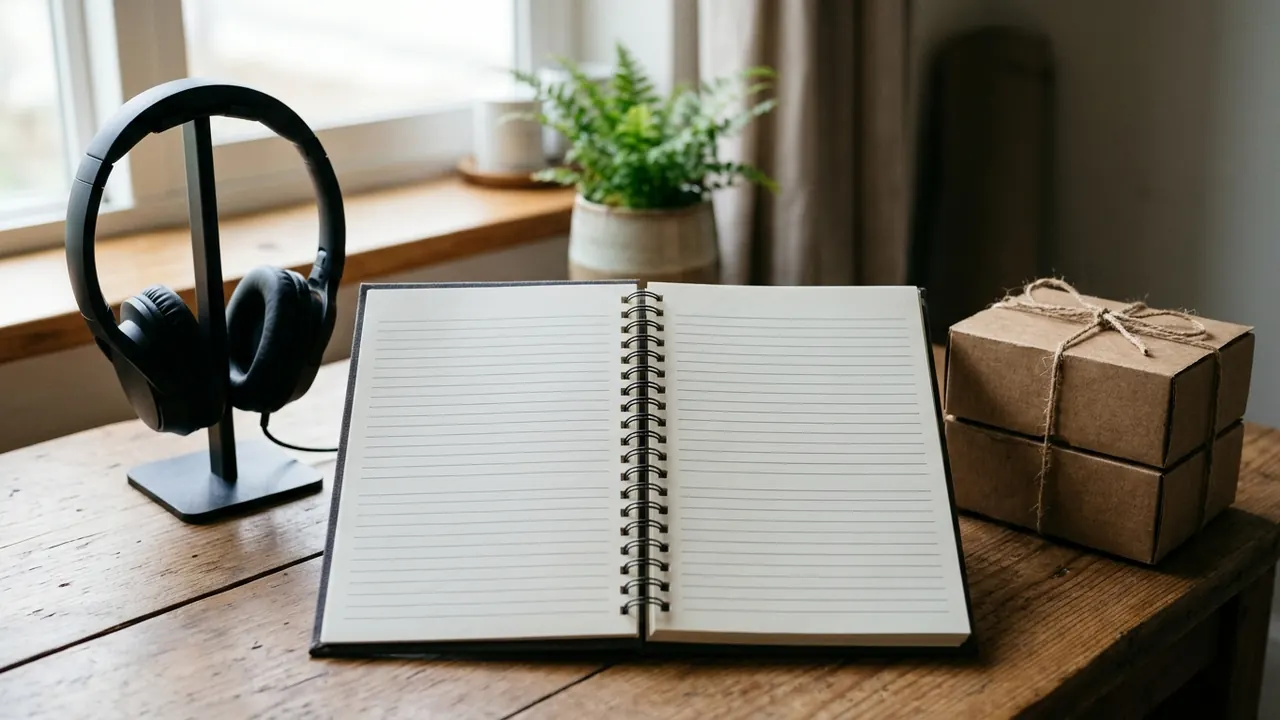 Escritorio doméstico con una agenda abierta, auriculares y paquetes preparados para enviar