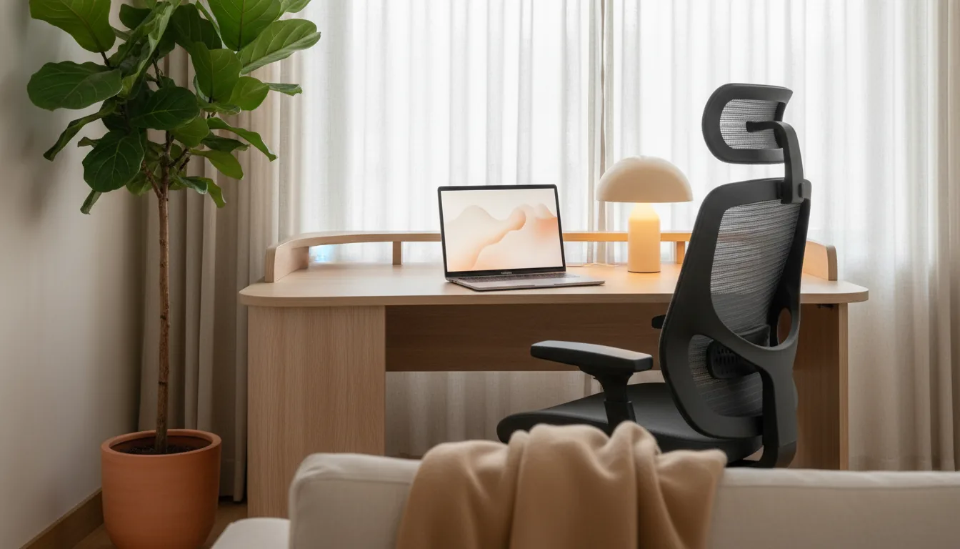 Vista cenital editorial de portátil, móvil y libreta sobre escritorio oscuro.