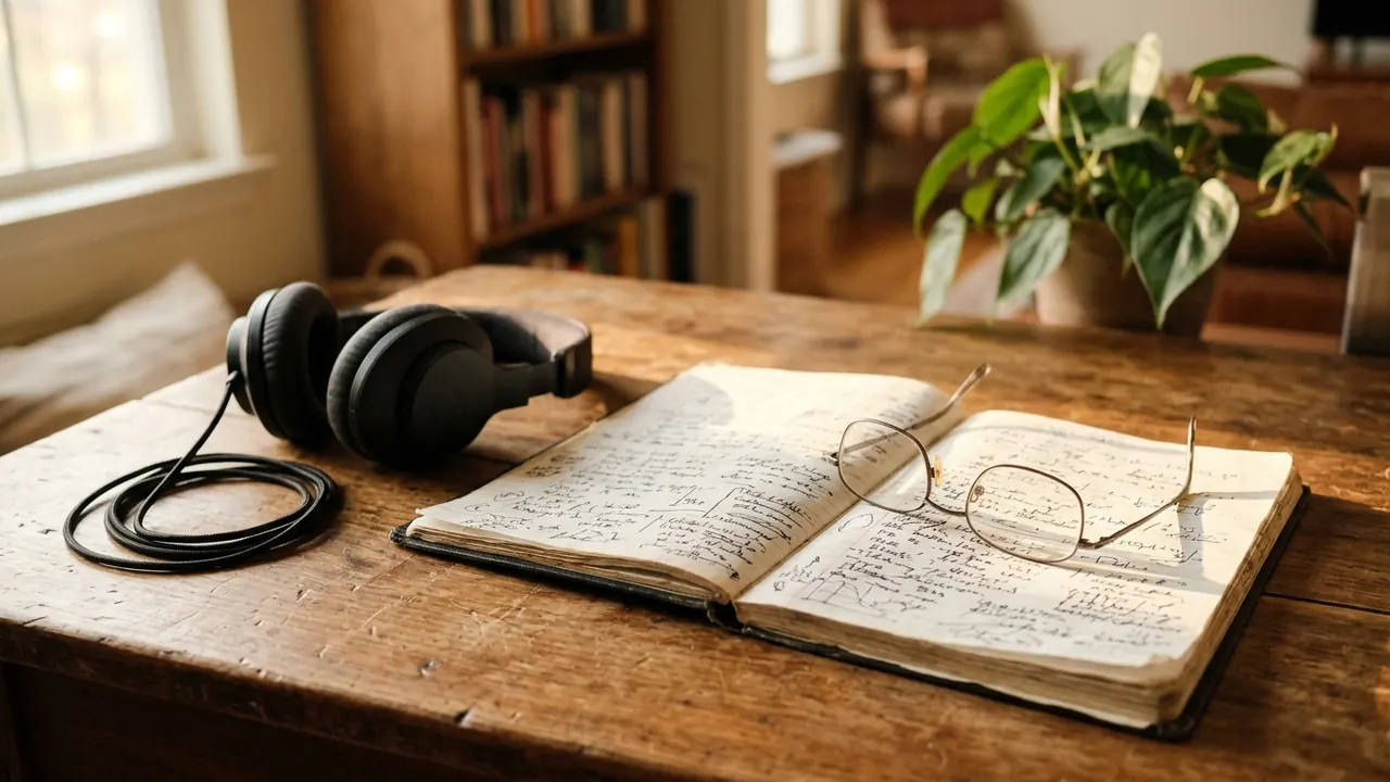 Cuaderno, gafas y auriculares sobre un escritorio en casa de una persona jubilada
